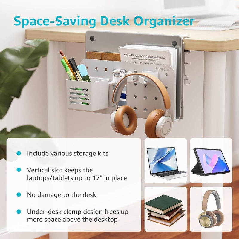 PEGZONE Desk Side Storage Organizer, No Drill Under Desk Laptop Holder, Clamp on Desks Shelf with Pegboard Accessories, Hanging Laptop Mount, Fits Flat Edge 0.4" to 2.2", White - Image 5